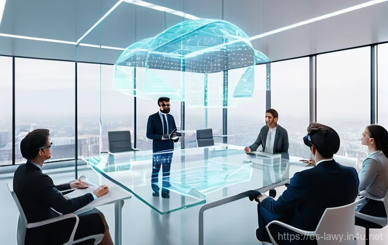 변호사와 법률 서비스 혁신 사례 - **Prompt:** In a high-tech, minimalist law office, a focused male lawyer (wearing a sharp business s...