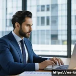 변호사로서의 업무 균형 유지 - A professional Spanish lawyer in a modern office setting, dressed in formal business attire, sitting...