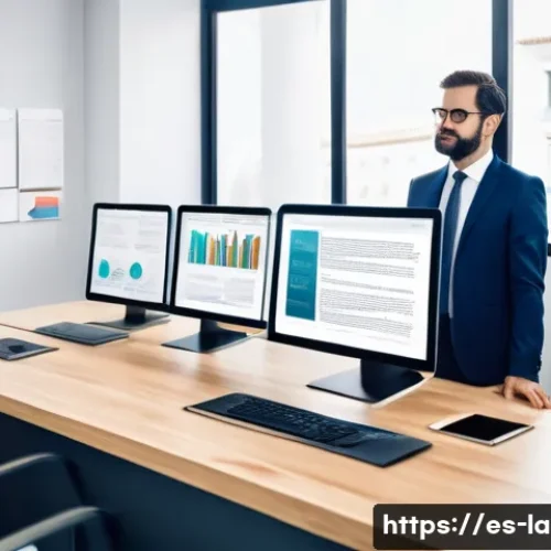 Home 31 변호사와 법률 리서치 기술 - A modern digital law office scene in Spain, featuring a professional Spanish lawyer in smart busines...