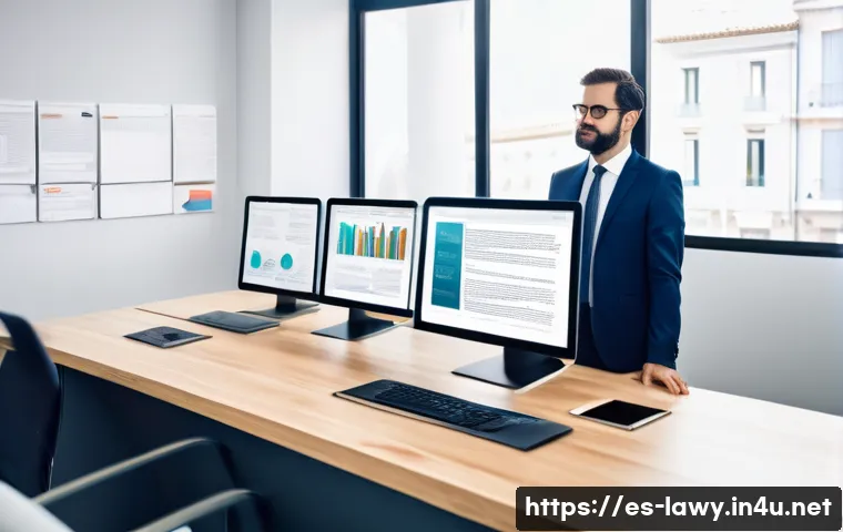 변호사와 법률 리서치 기술 - A modern digital law office scene in Spain, featuring a professional Spanish lawyer in smart busines...