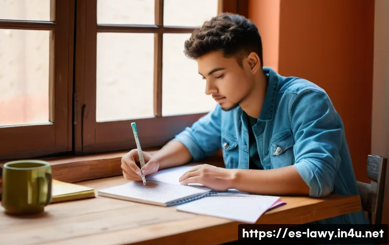 변호사 시험 단기 집중 전략 - A focused young adult student studying at a tidy wooden desk in a cozy Spanish-style apartment, natu...