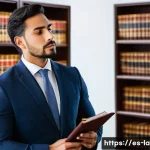 Home 23 변호사 이직 성공 사례 - A professional Hispanic lawyer in a modern, well-lit office setting, dressed in smart business attir...