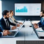 Home 19 변호사와 법정 기술 활용 - A modern law office scene showing a diverse team of Spanish-speaking lawyers collaborating via a clo...