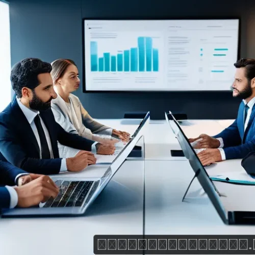 Home 31 변호사와 법정 기술 활용 - A modern law office scene showing a diverse team of Spanish-speaking lawyers collaborating via a clo...