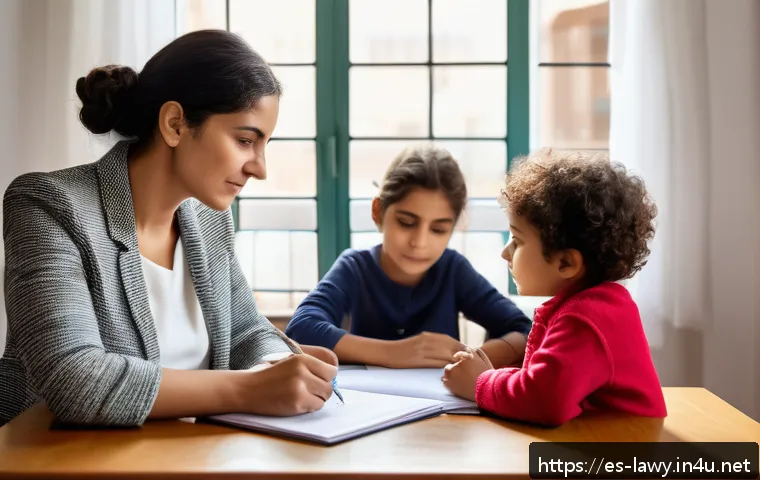 변호사와 공익 법률 지원 경험 - A compassionate female lawyer in professional attire providing free legal advice to a vulnerable sin...