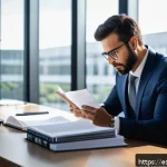 Home 23 변호사와 기업 자문 사례 - A professional business lawyer in a modern corporate office, carefully reviewing detailed contracts ...