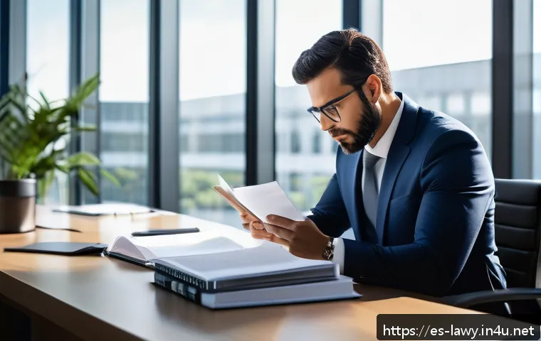 변호사와 기업 자문 사례 - A professional business lawyer in a modern corporate office, carefully reviewing detailed contracts ...